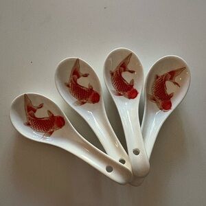 Set of 4 Red Koi Fish Soup Spoon Ceramic Asian Soup Spoons for Pho Miso Ramen
